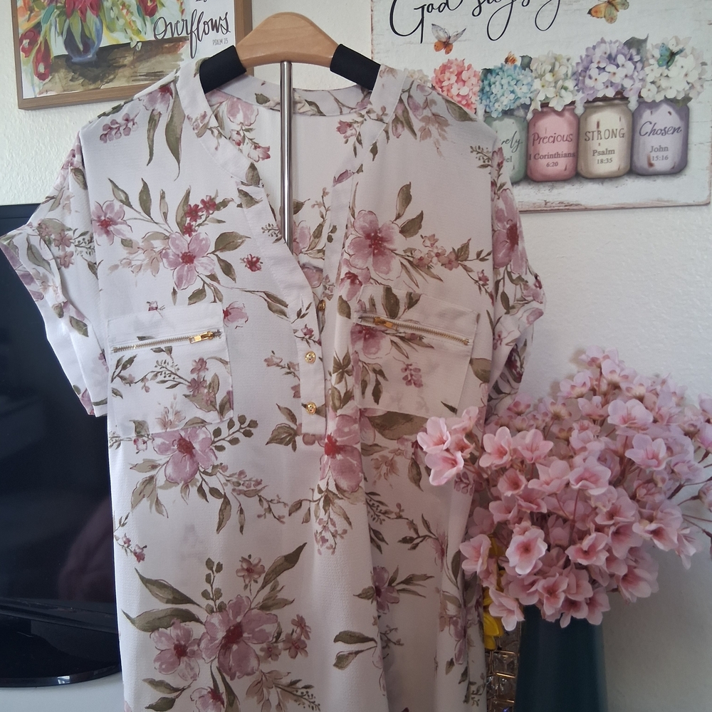 Floral Blouse with Pink and Green Accents